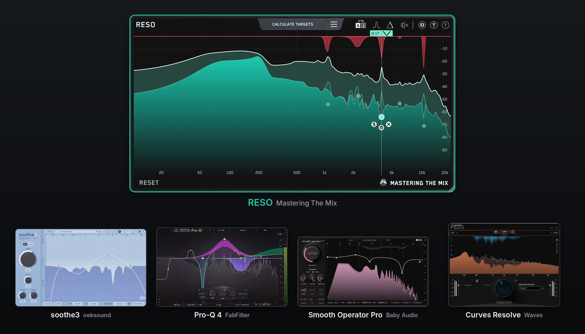 RESO by Mastering The Mix compared with soothe3, Pro-Q 4, Smooth Operator Pro and Curves Resolve