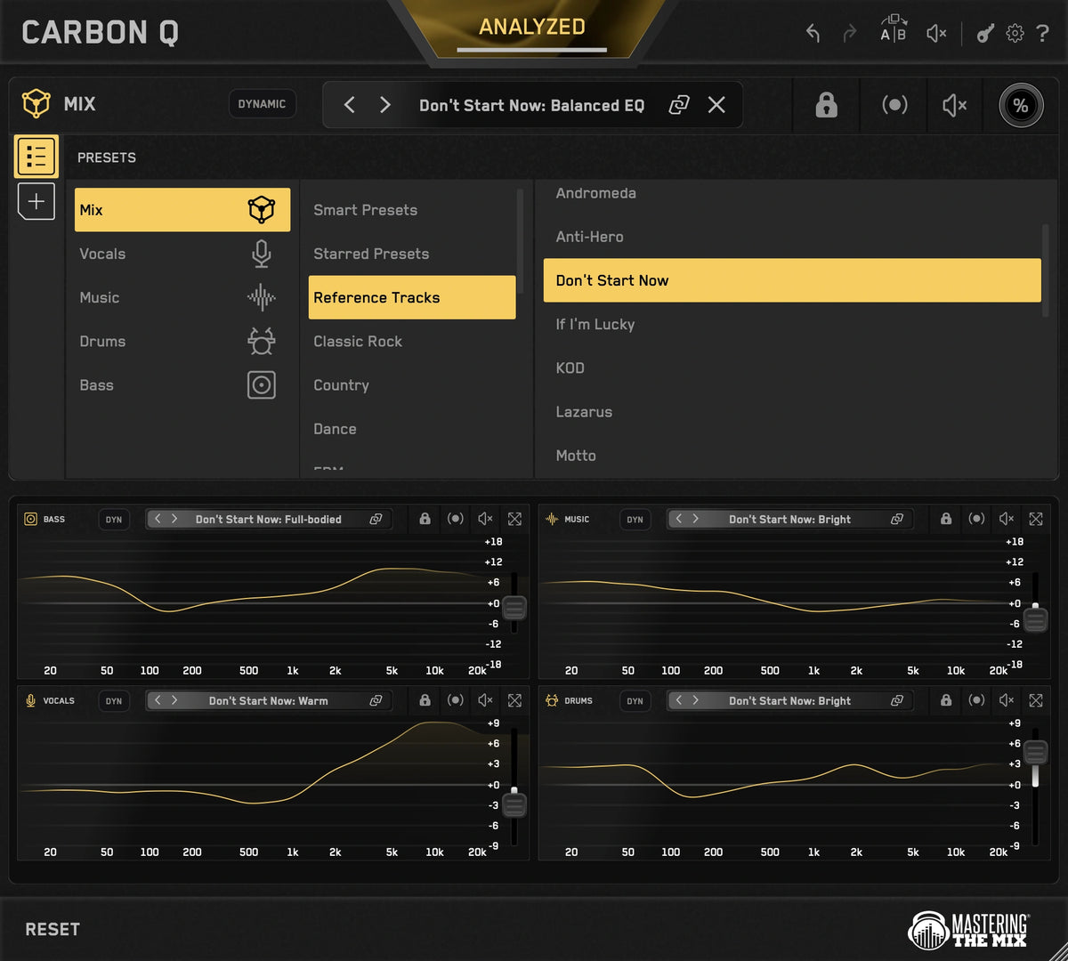 A reference track selected in CARBON Q, with every channel in the session moved to match its tonal balance and levels