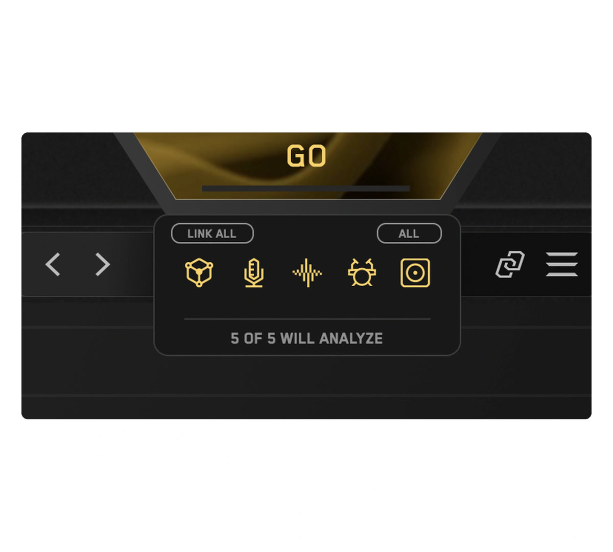 A close-up of the CARBON Q analysis tray, all five instance icons armed in gold under the GO button, ready to analyze the whole session in one pass
