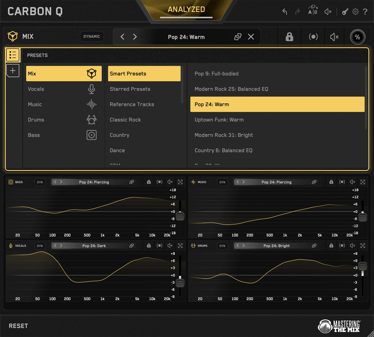 The CARBON Q preset browser outlined in gold, showing the ten Smart Presets closest to the analyzed audio
