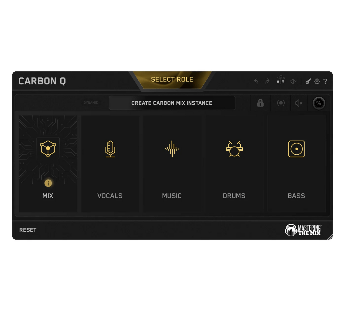 The CARBON Q role picker cycling through MIX, VOCALS, MUSIC, DRUMS and BASS as each instance is placed on its channel